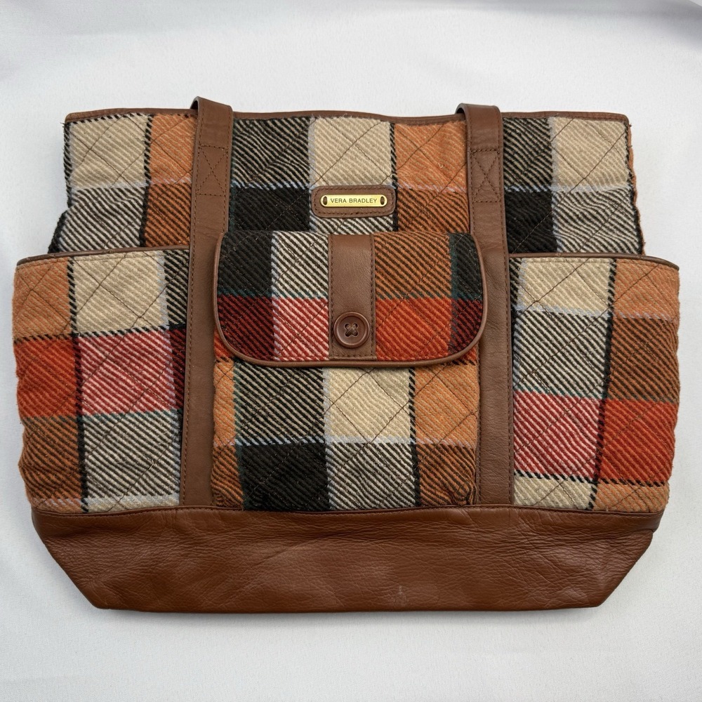 Vera Bradley Wool Blend Canyon Plaid Leather Trim Tote Pockets Full Zip‎